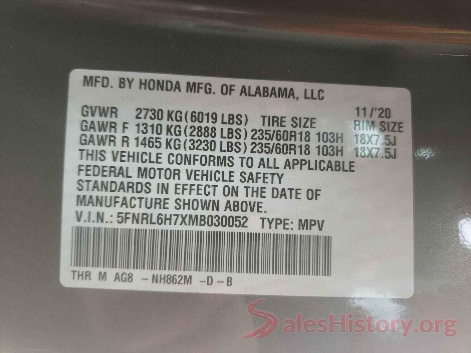 5FNRL6H7XMB030052 2021 HONDA ODYSSEY