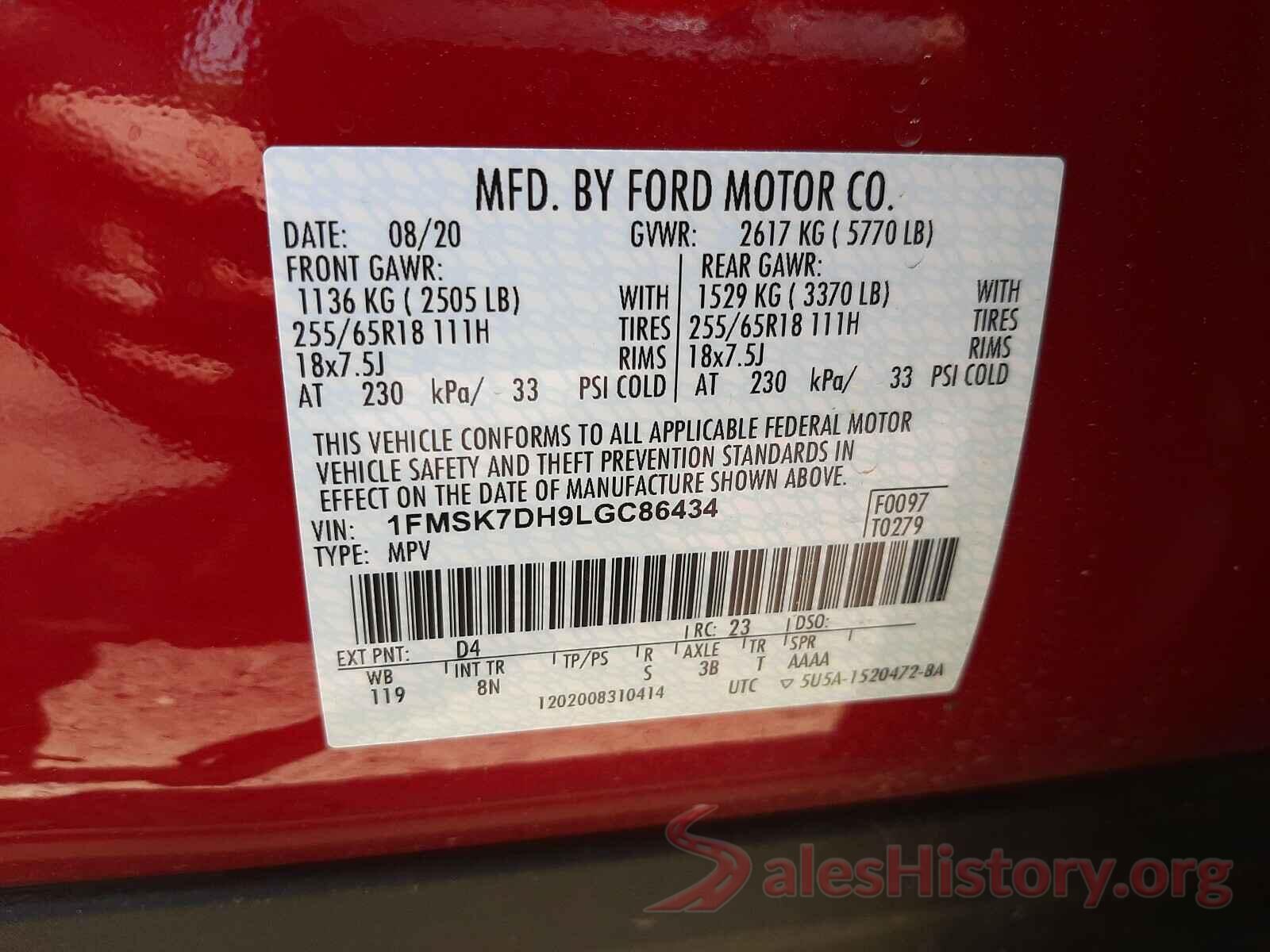 1FMSK7DH9LGC86434 2020 FORD EXPLORER