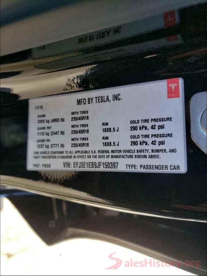 5YJ3E1EB9JF150397 2018 TESLA MODEL 3