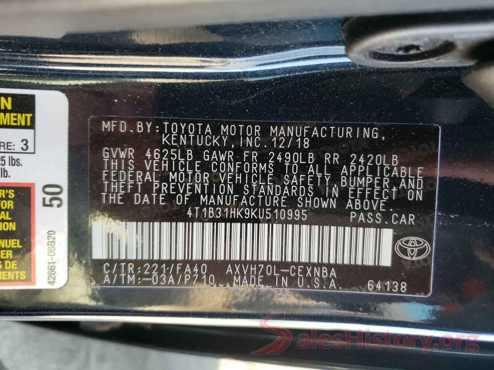 4T1B31HK9KU510995 2019 TOYOTA CAMRY