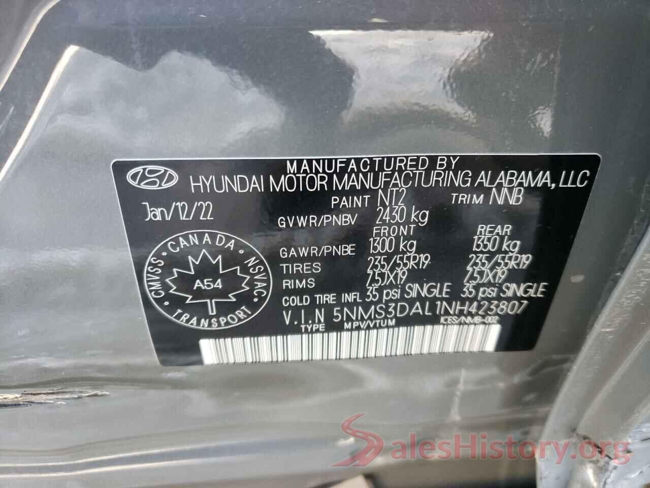 5NMS3DAL1NH423807 2022 HYUNDAI SANTA FE