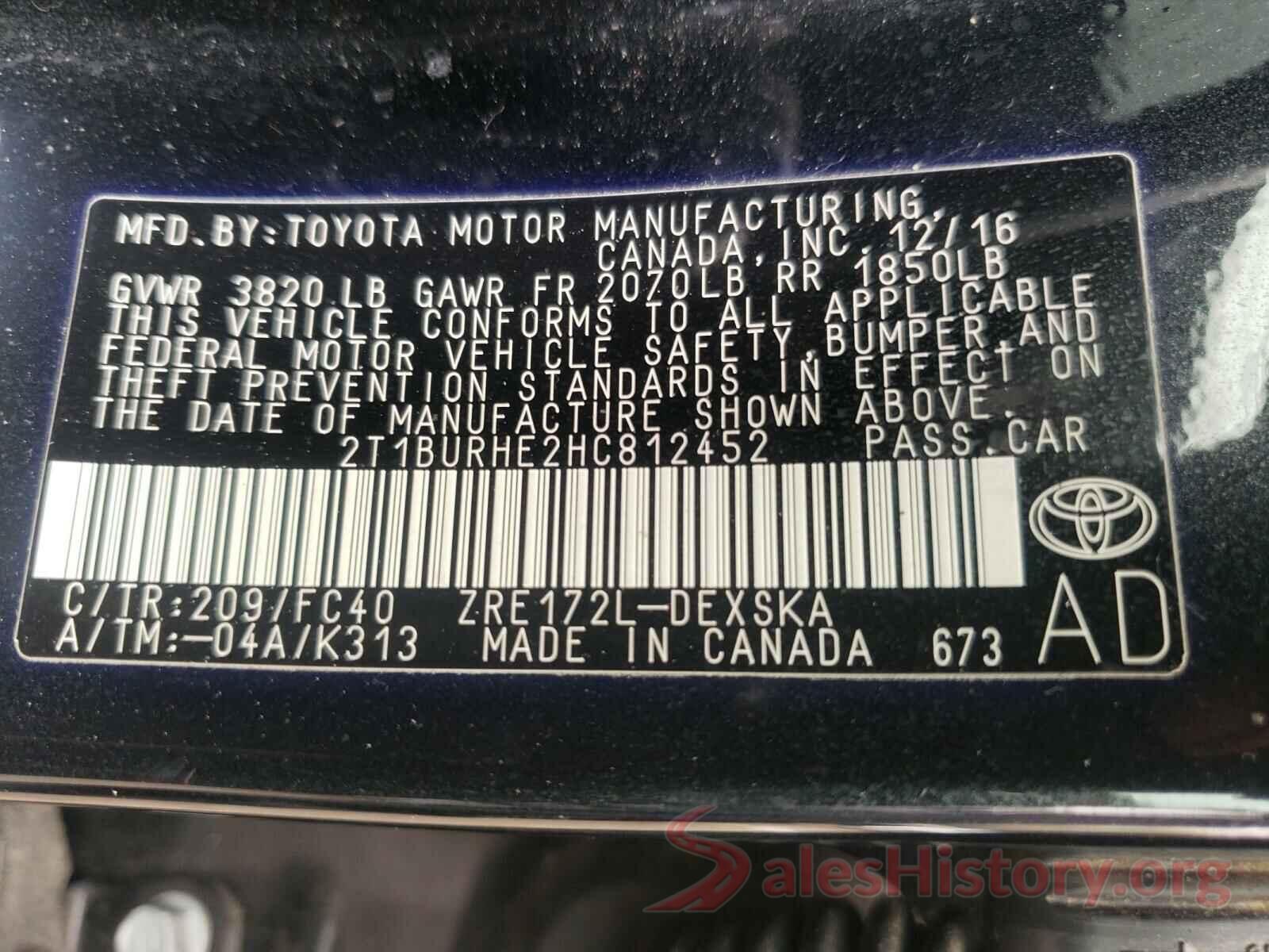 2T1BURHE2HC812452 2017 TOYOTA COROLLA