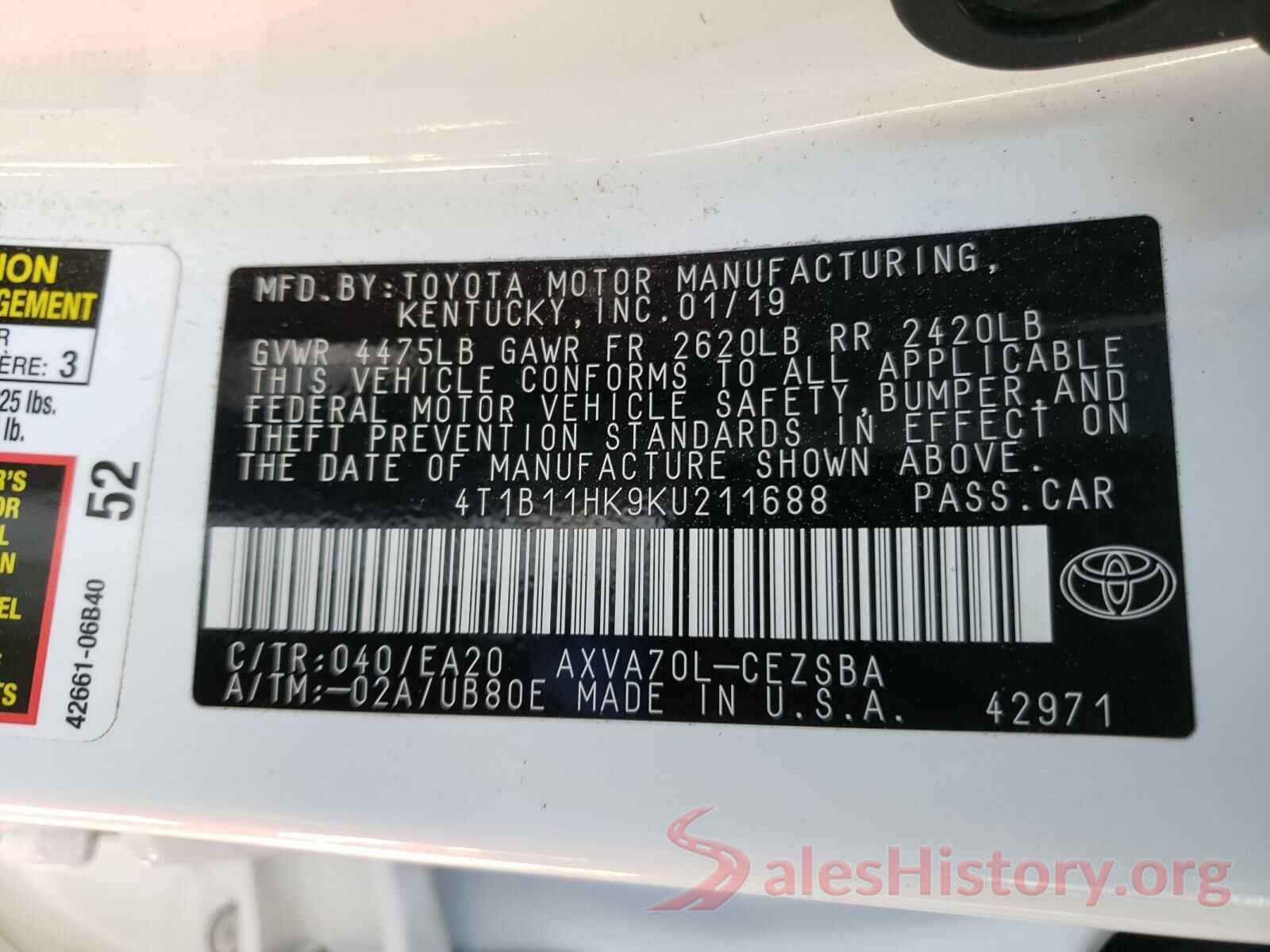 4T1B11HK9KU211688 2019 TOYOTA CAMRY