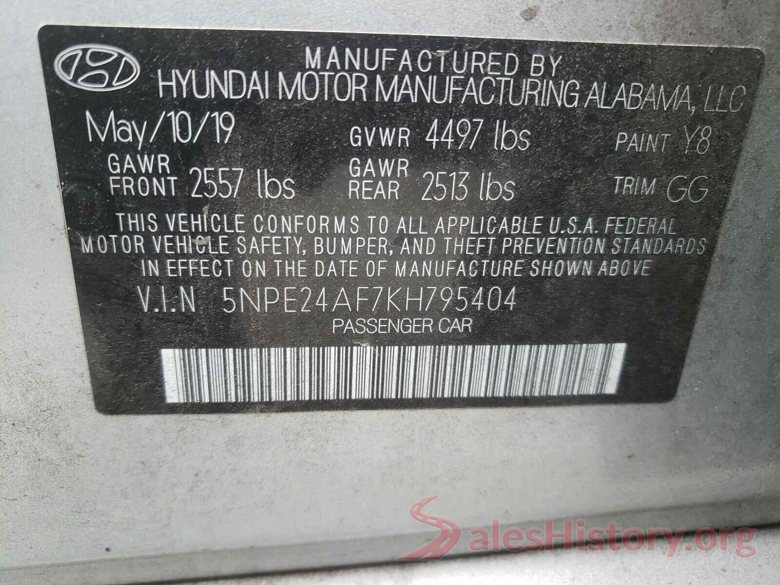 5NPE24AF7KH795404 2019 HYUNDAI SONATA