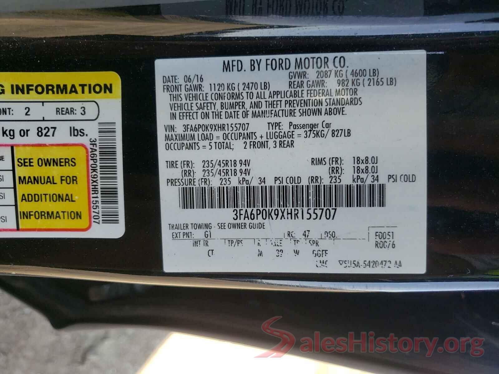 3FA6P0K9XHR155707 2017 FORD FUSION