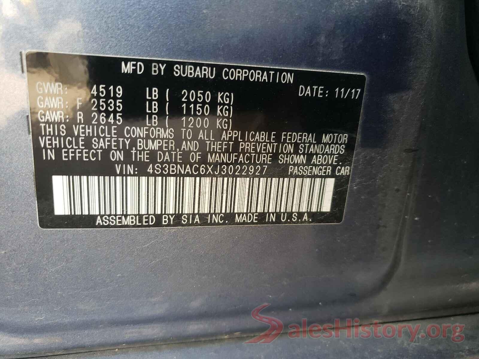 4S3BNAC6XJ3022927 2018 SUBARU LEGACY