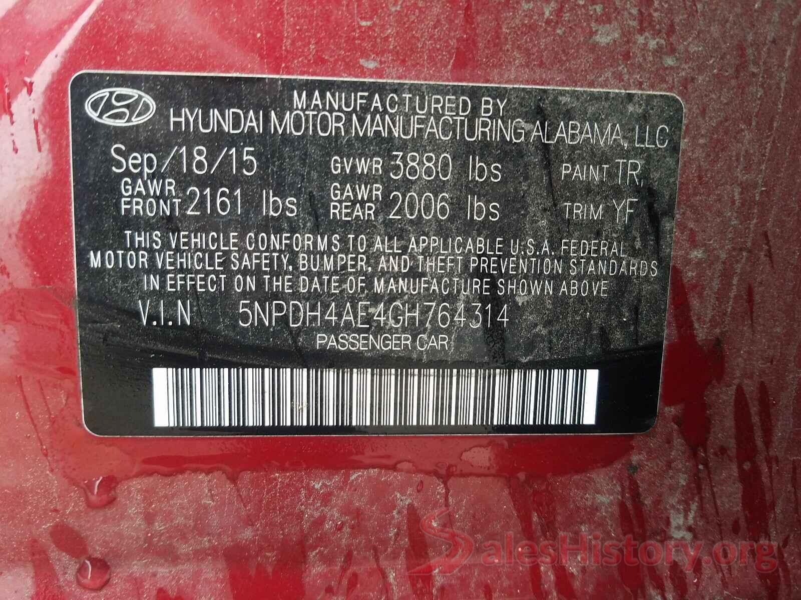 5NPDH4AE4GH764314 2016 HYUNDAI ELANTRA