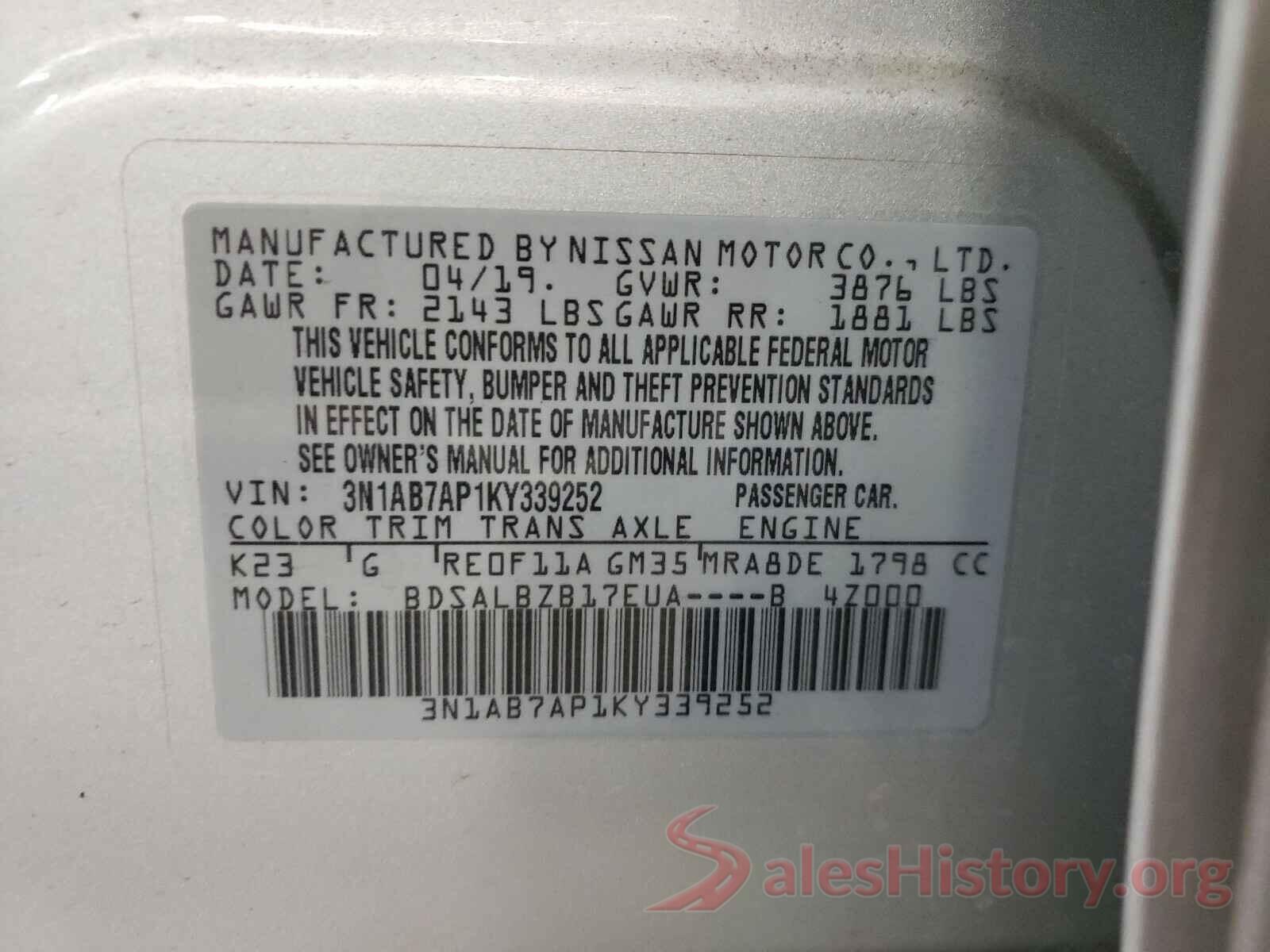 3N1AB7AP1KY339252 2019 NISSAN SENTRA