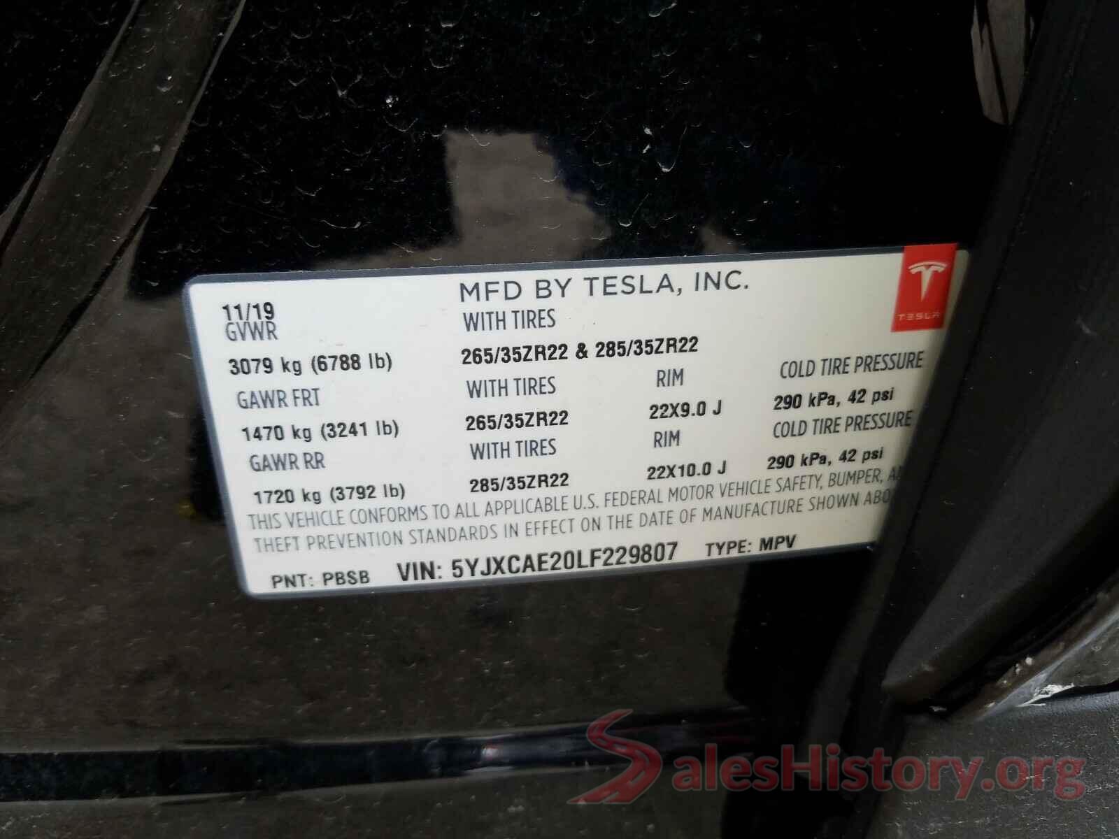 5YJXCAE20LF229807 2020 TESLA MODEL X