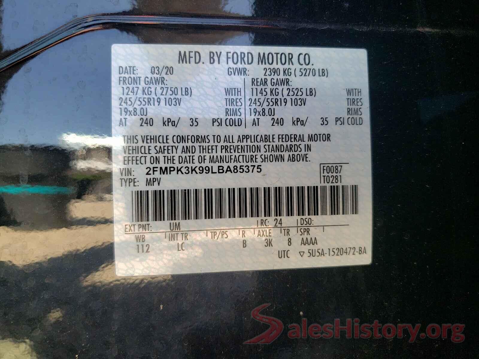 2FMPK3K99LBA85375 2020 FORD EDGE