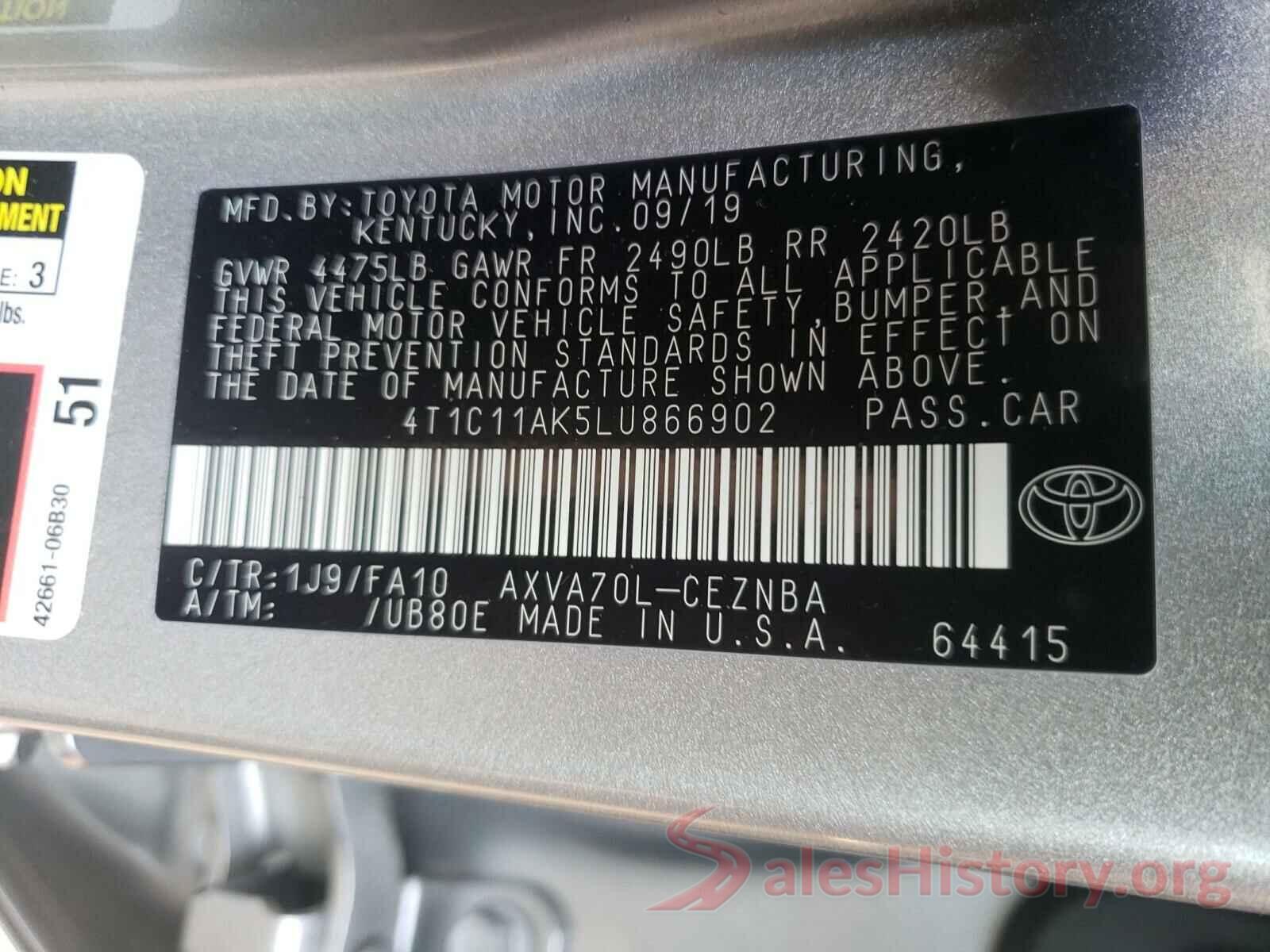 4T1C11AK5LU866902 2020 TOYOTA CAMRY