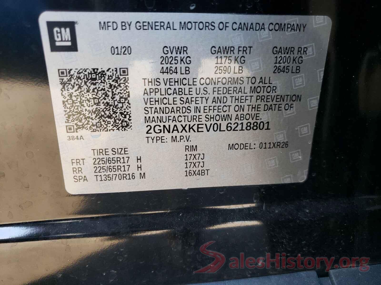 2GNAXKEV0L6218801 2020 CHEVROLET EQUINOX