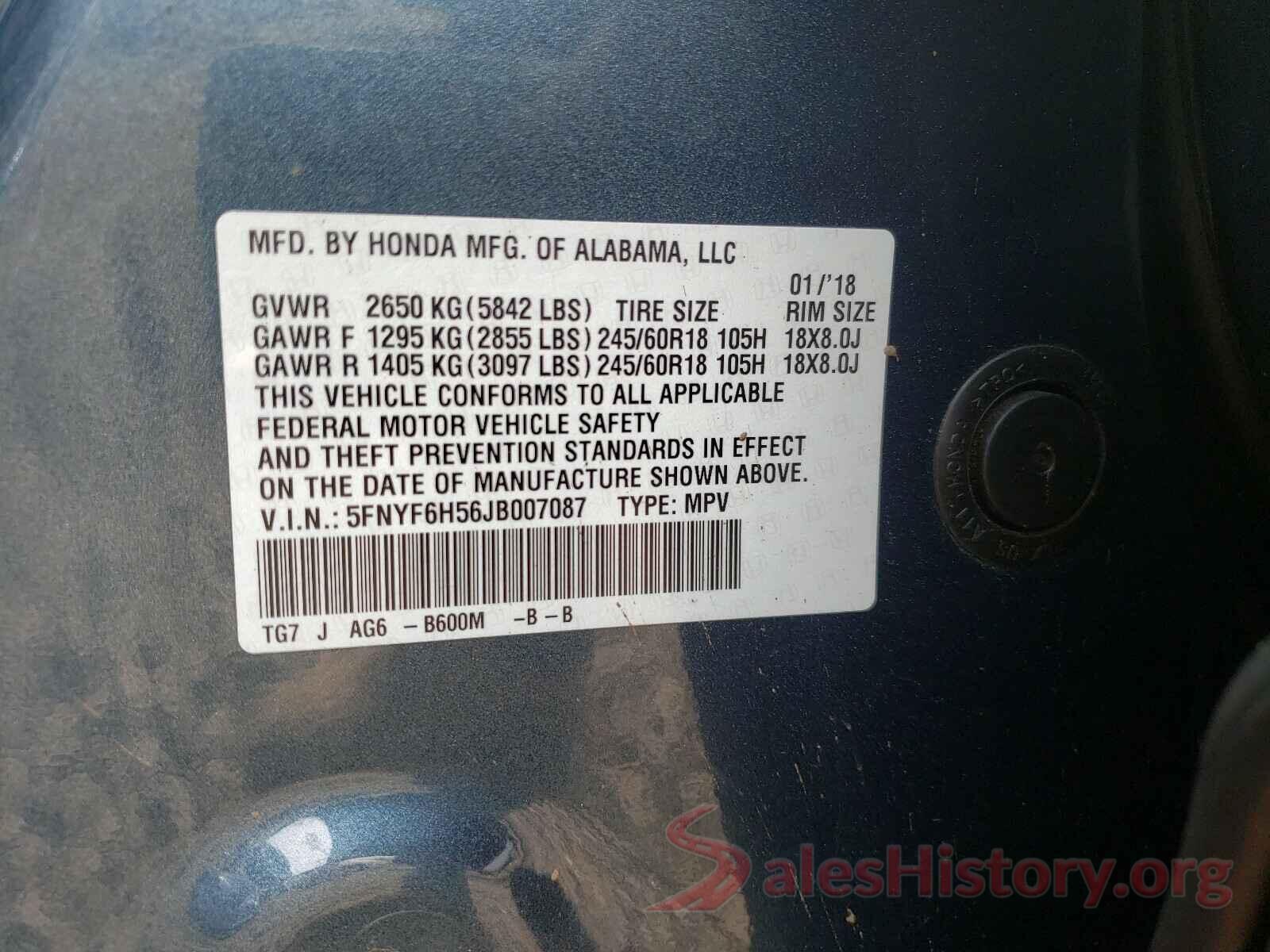 5FNYF6H56JB007087 2018 HONDA PILOT