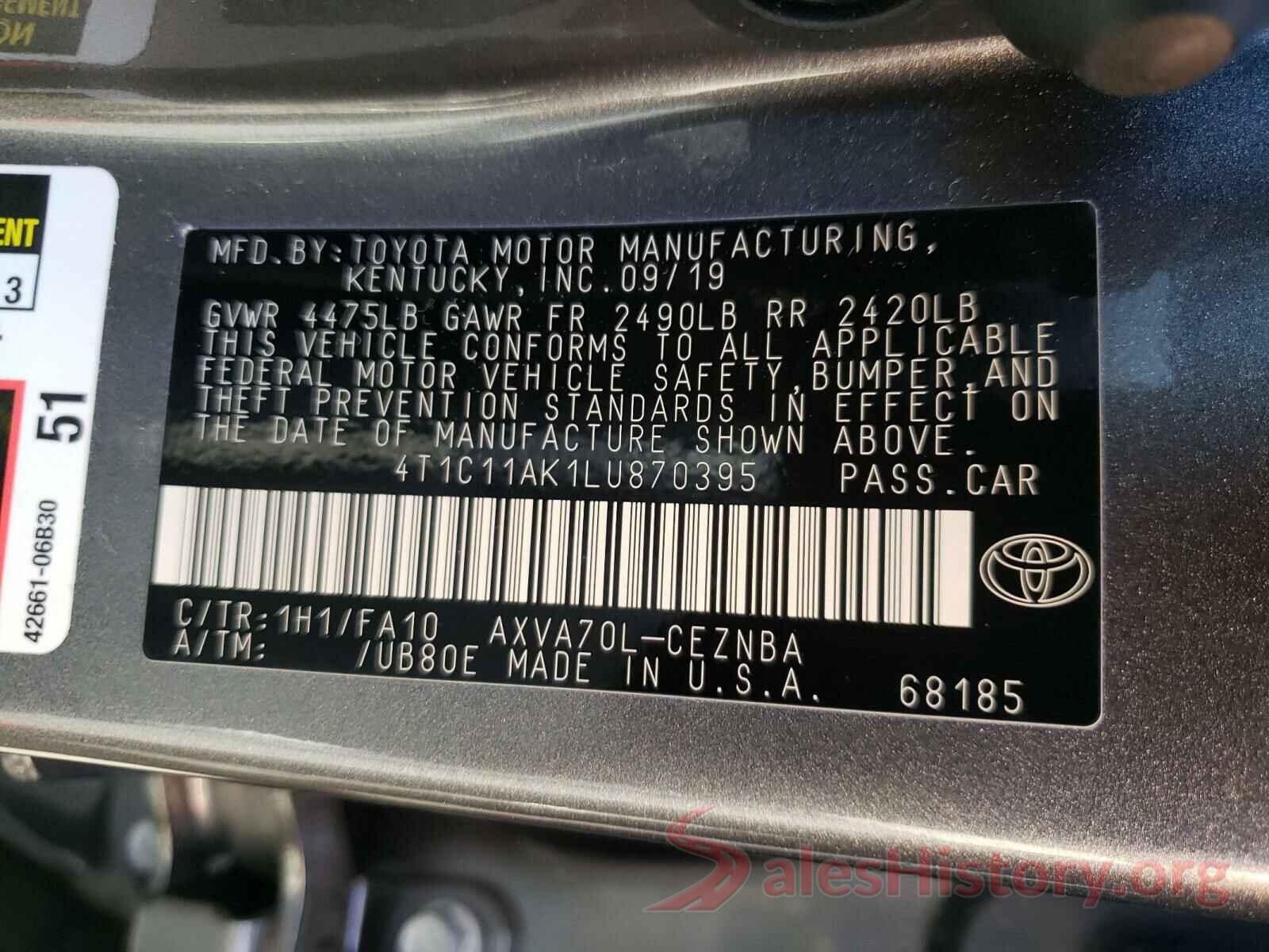 4T1C11AK1LU870395 2020 TOYOTA CAMRY