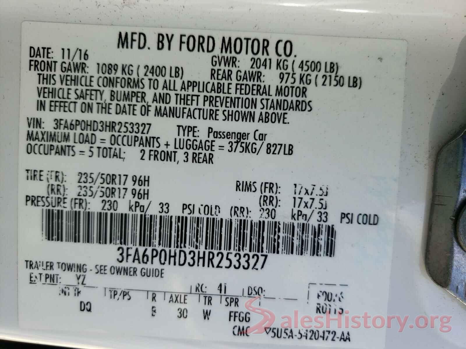 3FA6P0HD3HR253327 2017 FORD FUSION