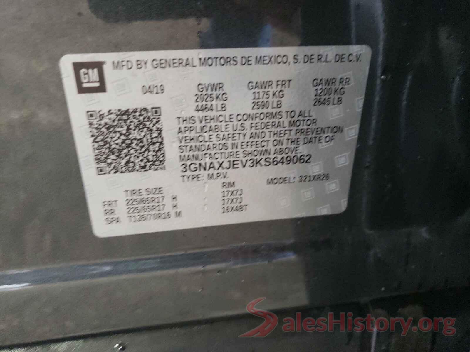 3GNAXJEV3KS649062 2019 CHEVROLET EQUINOX