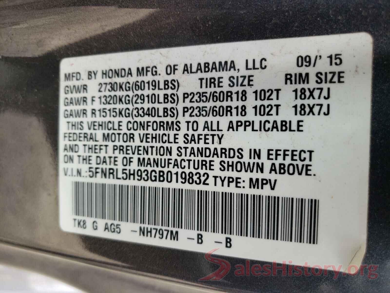 5FNRL5H93GB019832 2016 HONDA ODYSSEY