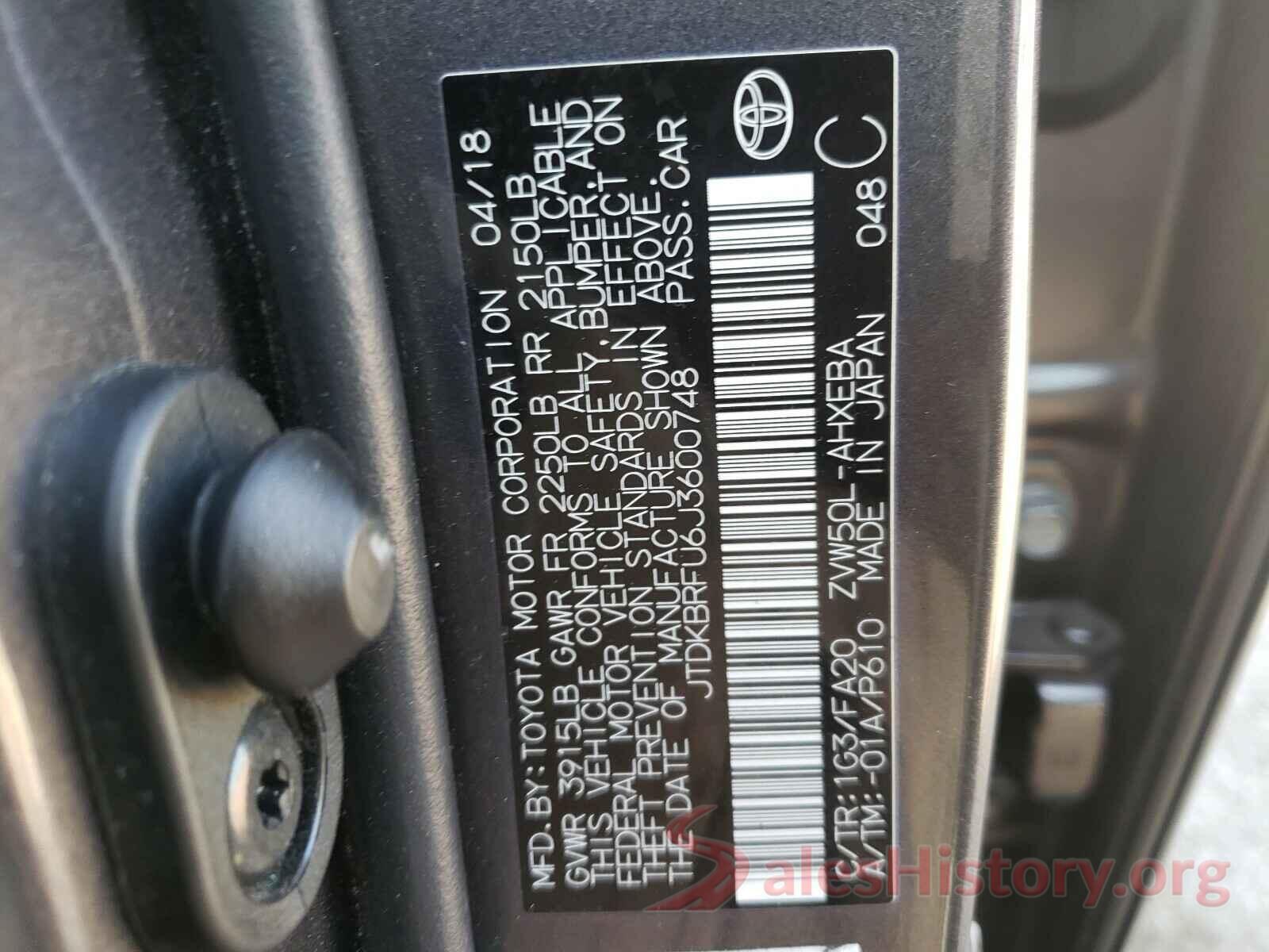 JTDKBRFU6J3600748 2018 TOYOTA PRIUS