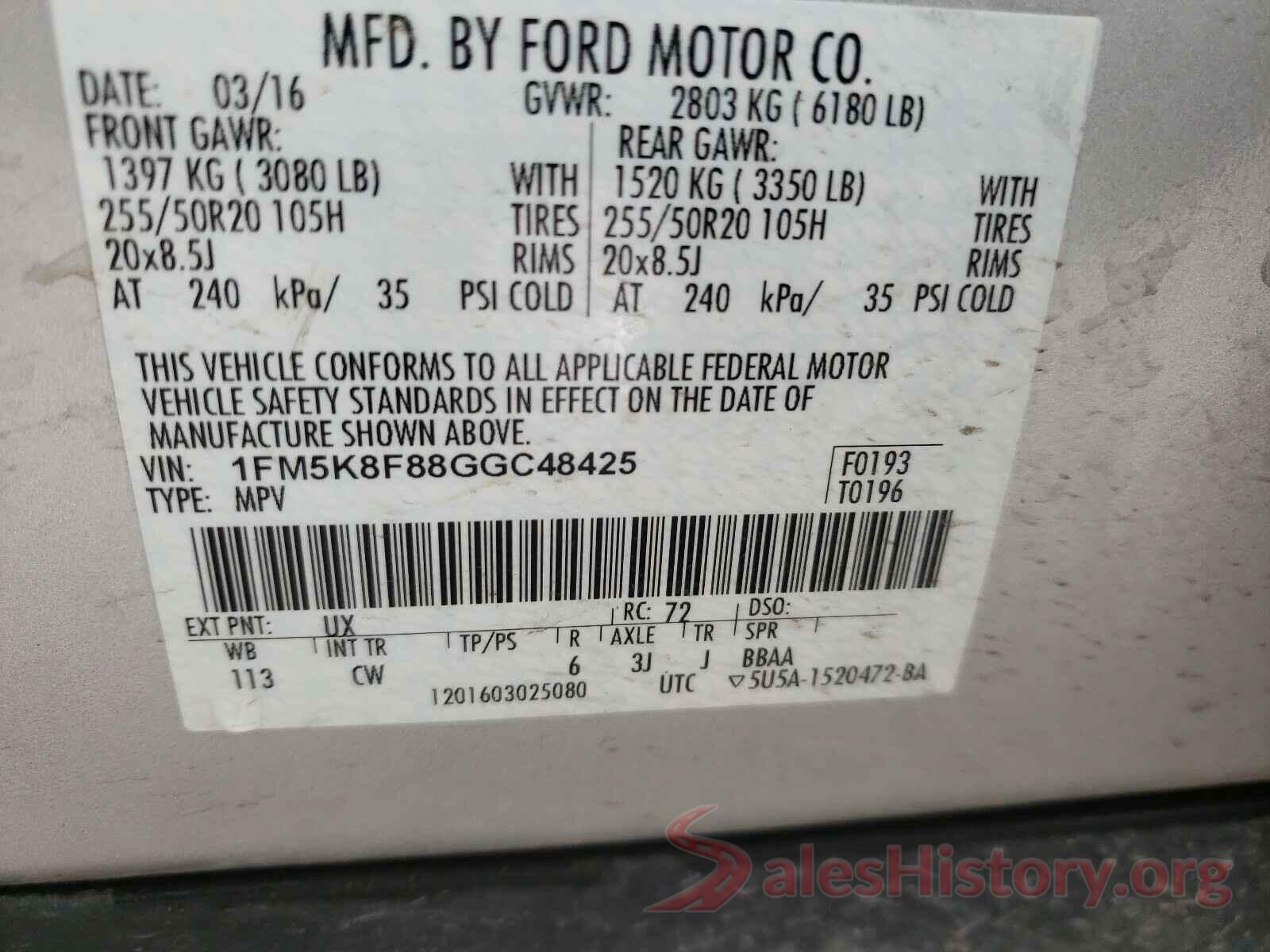 1FM5K8F88GGC48425 2016 FORD EXPLORER