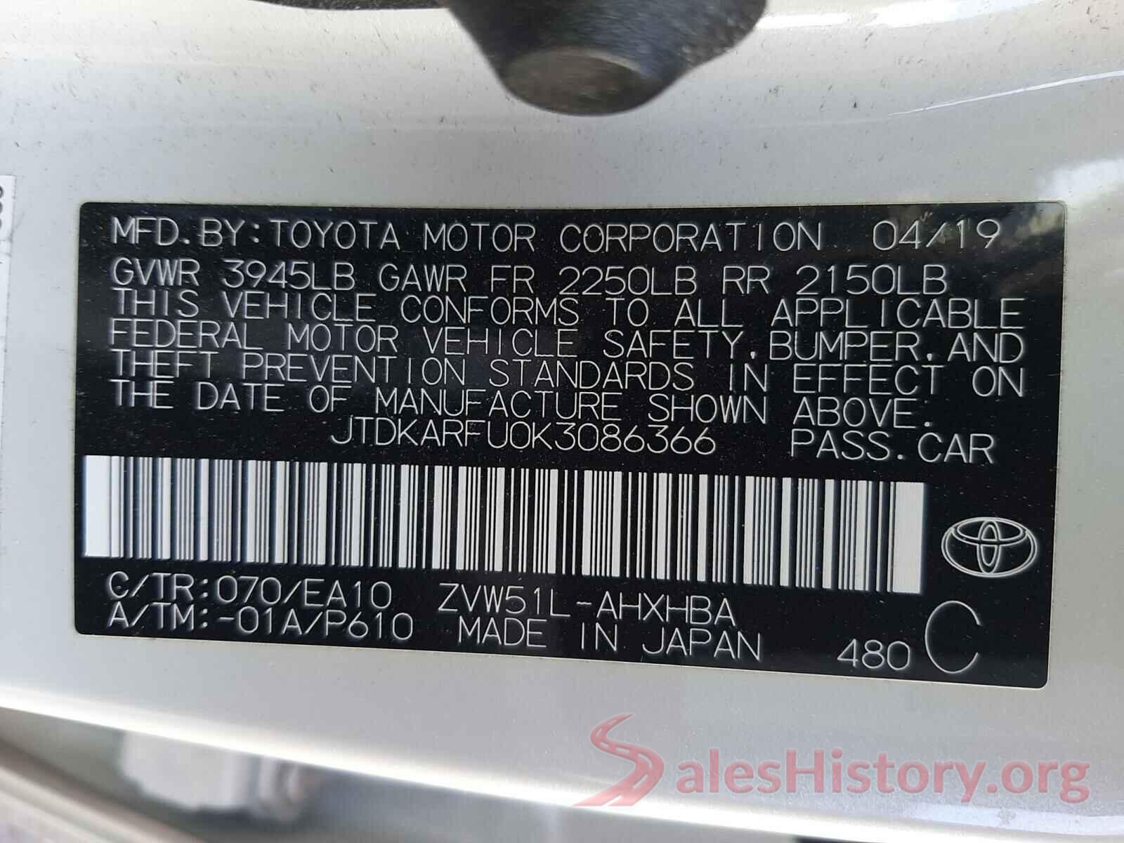 JTDKARFU0K3086366 2019 TOYOTA PRIUS