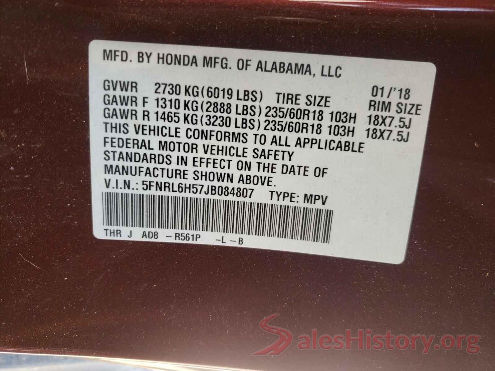 5FNRL6H57JB084807 2018 HONDA ODYSSEY