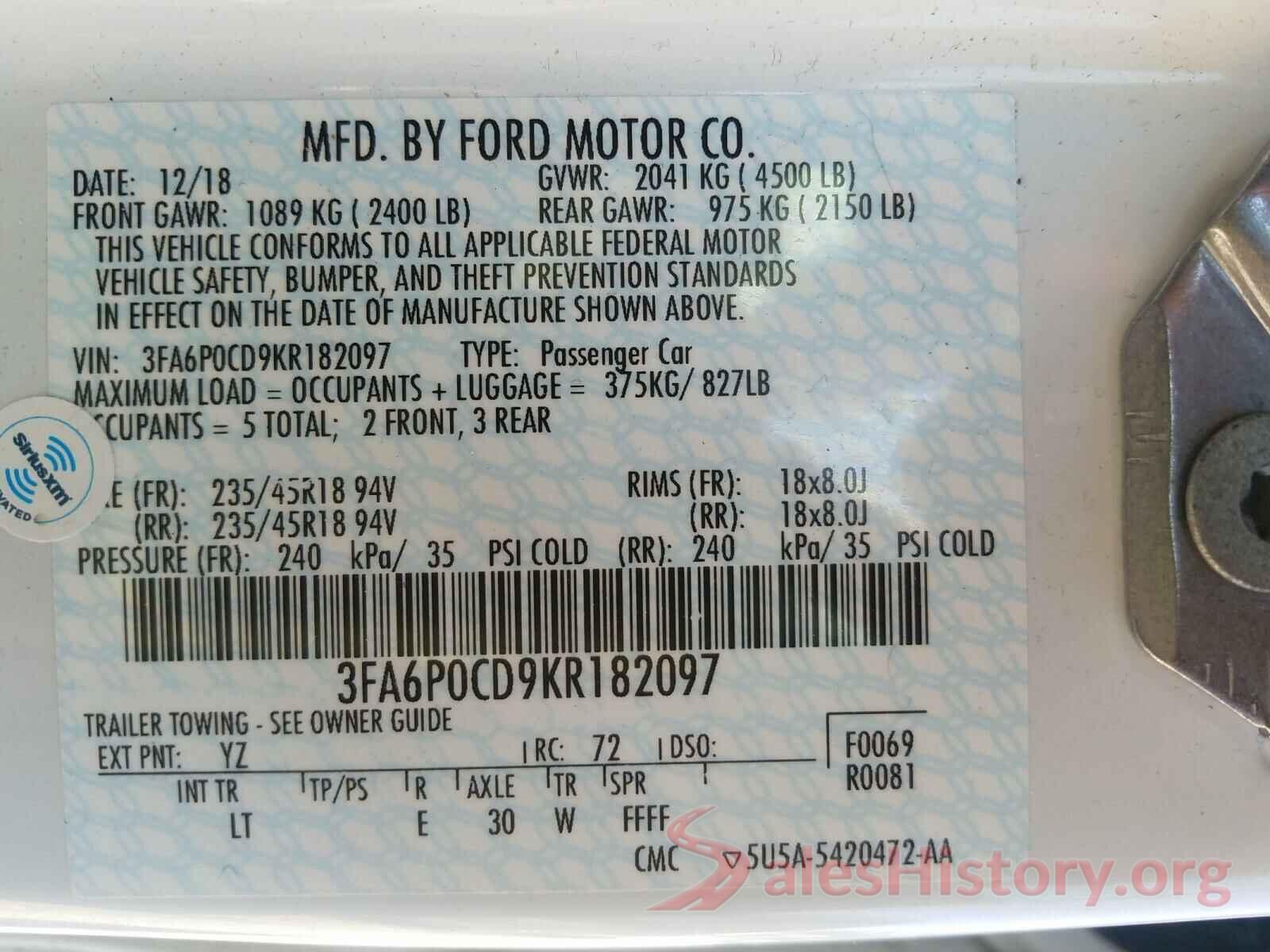 3FA6P0CD9KR182097 2019 FORD FUSION