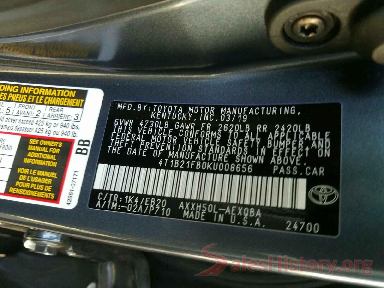 4T1B21FB0KU008656 2019 TOYOTA AVALON