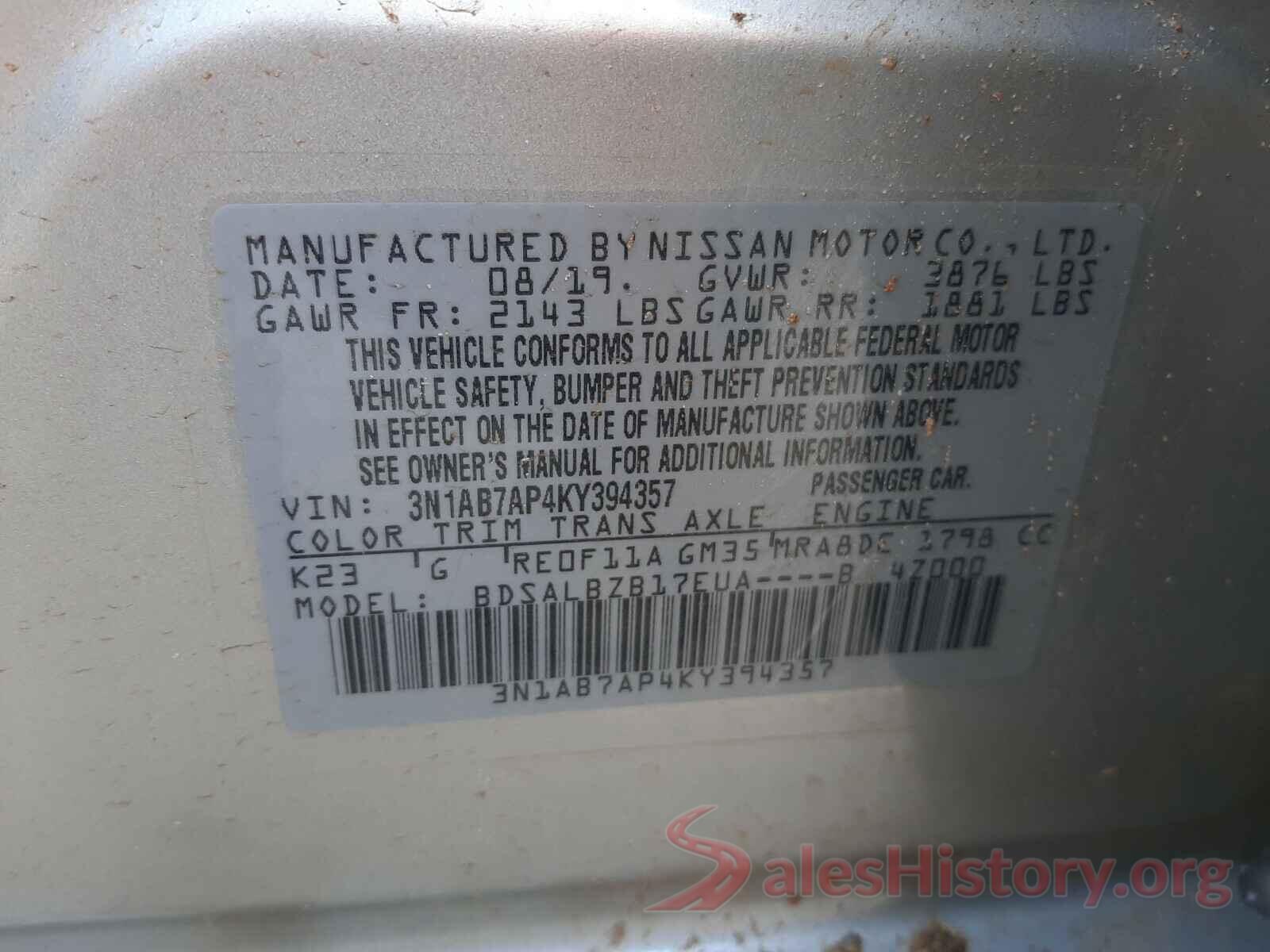 3N1AB7AP4KY394357 2019 NISSAN SENTRA