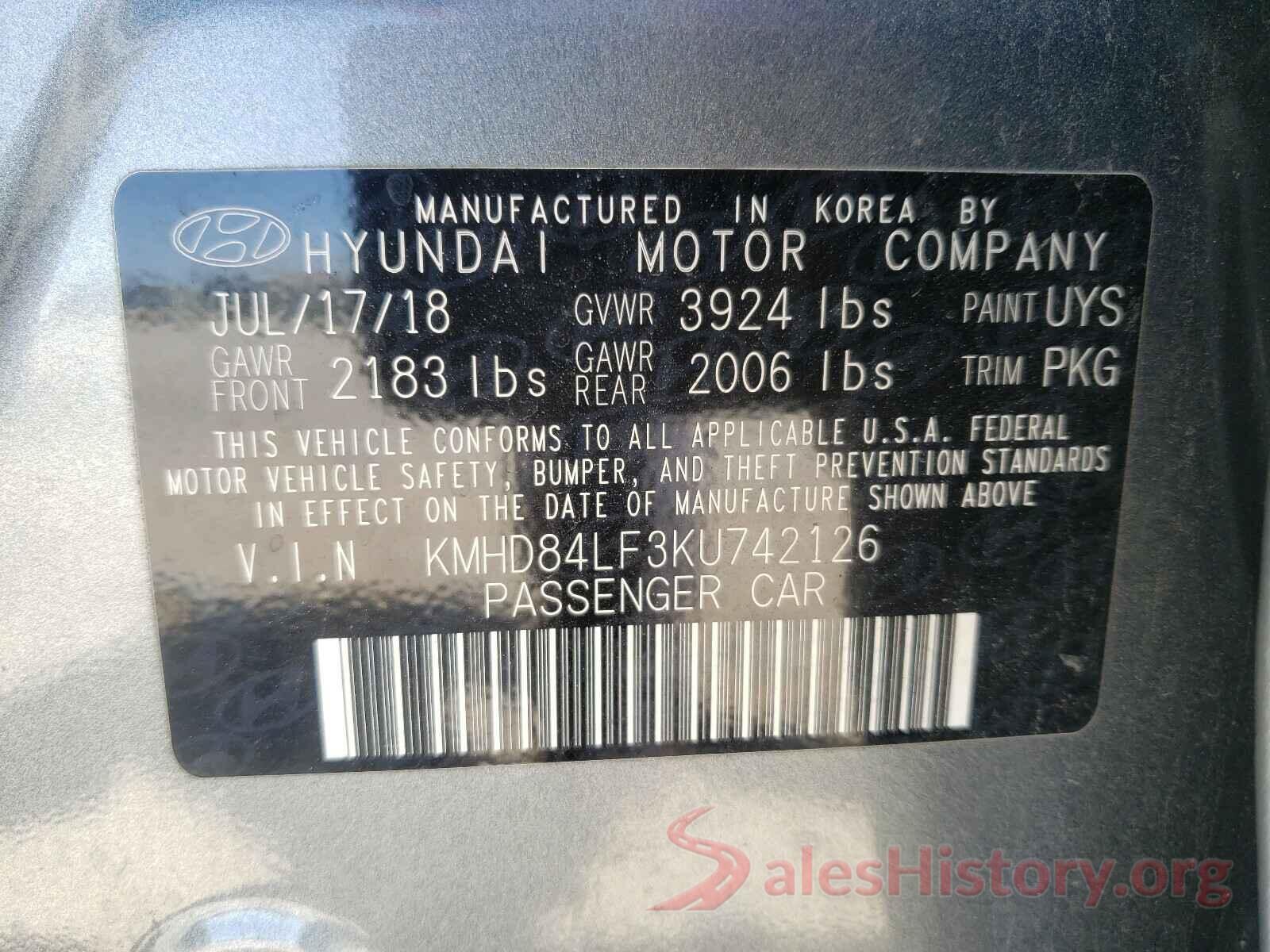 KMHD84LF3KU742126 2019 HYUNDAI ELANTRA