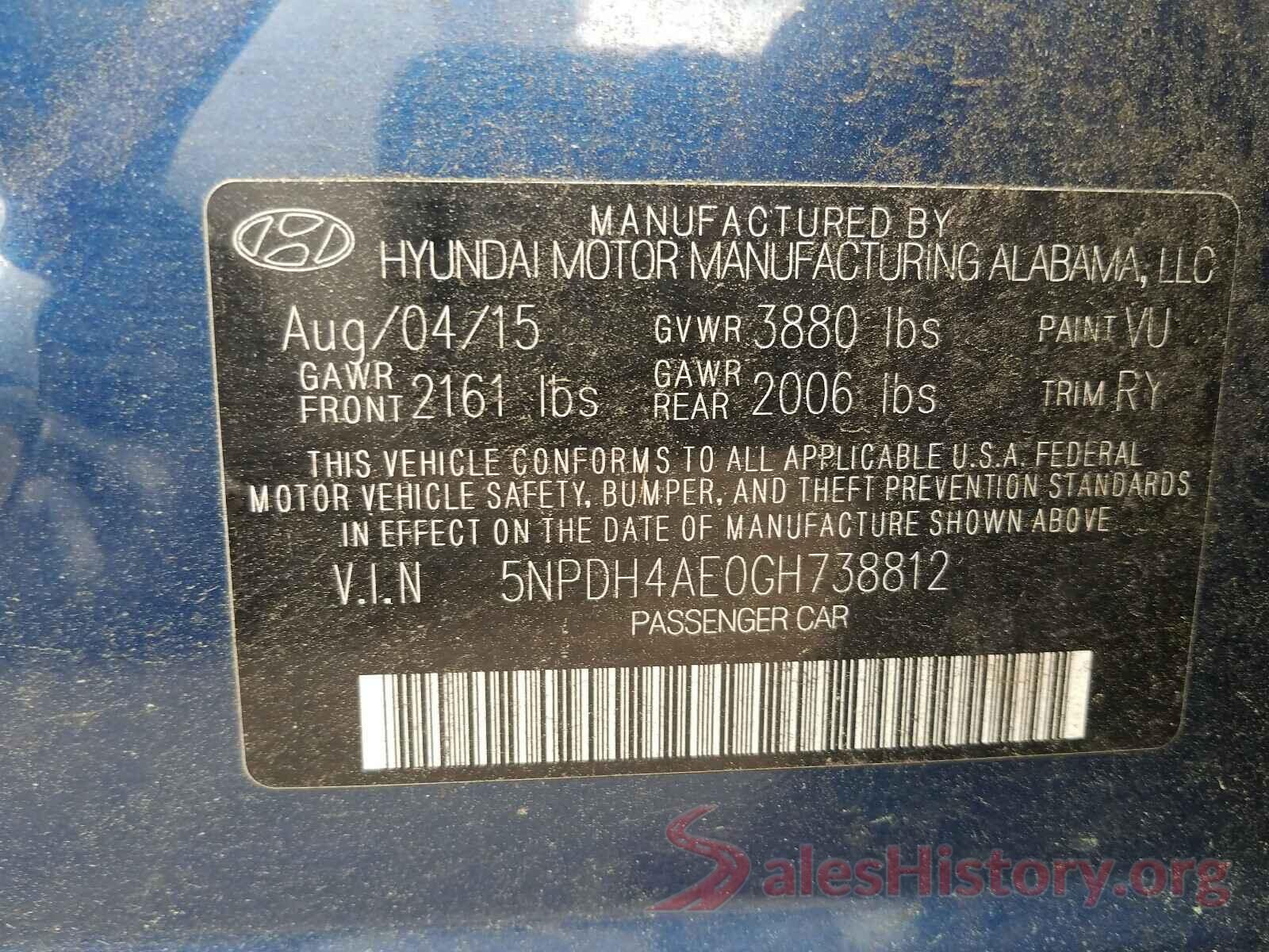 5NPDH4AE0GH738812 2016 HYUNDAI ELANTRA