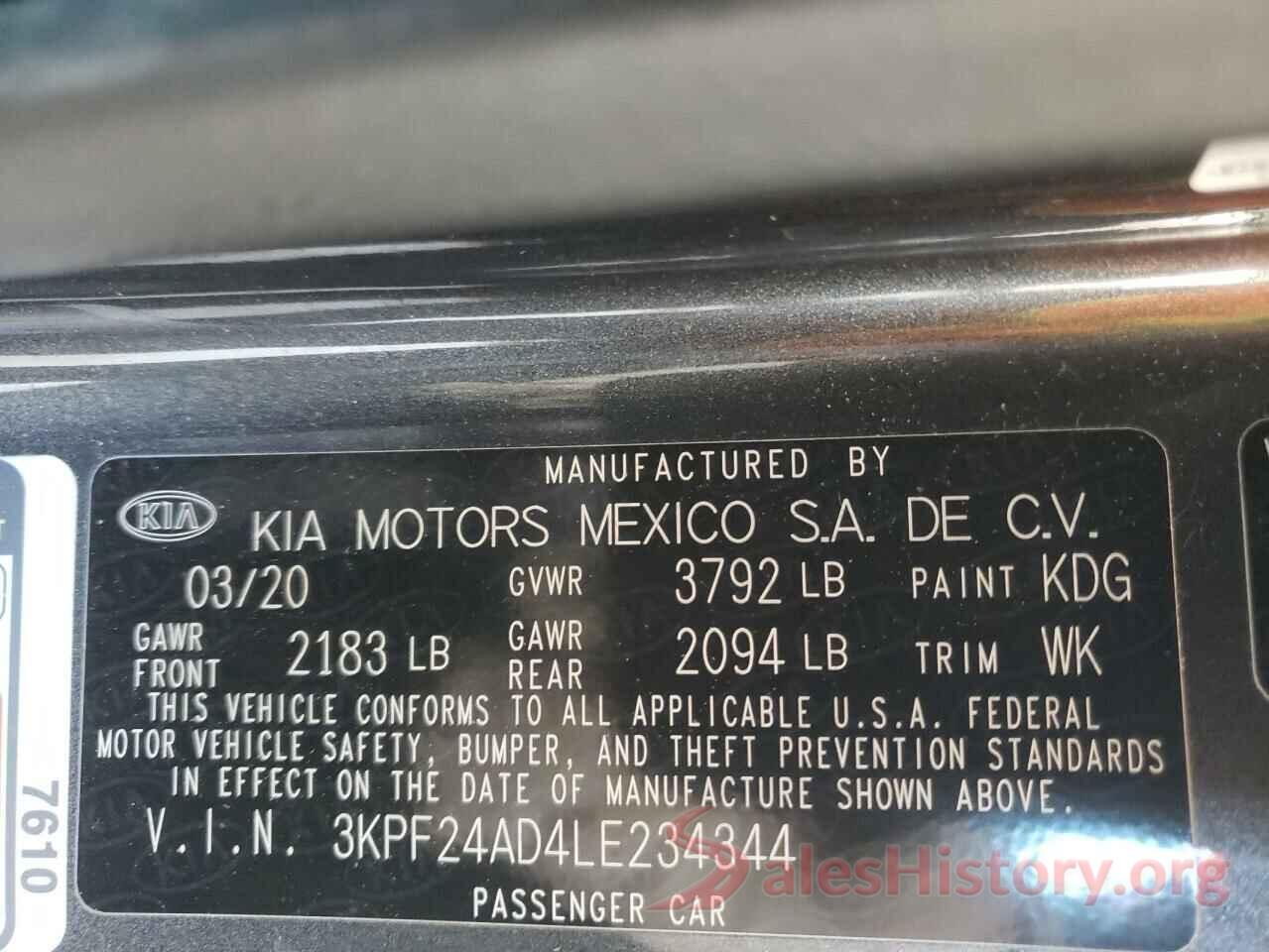 3KPF24AD4LE234344 2020 KIA FORTE