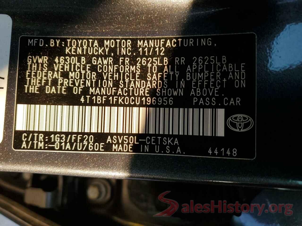 4T1BF1FK0CU196956 2012 TOYOTA CAMRY