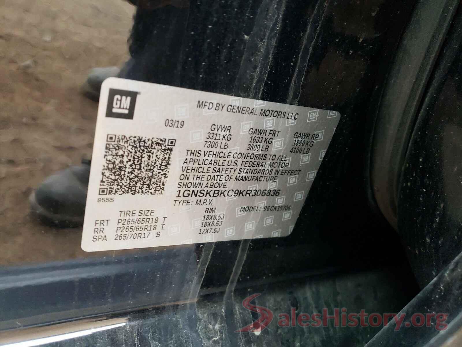 1GNSKBKC9KR306836 2019 CHEVROLET TAHOE