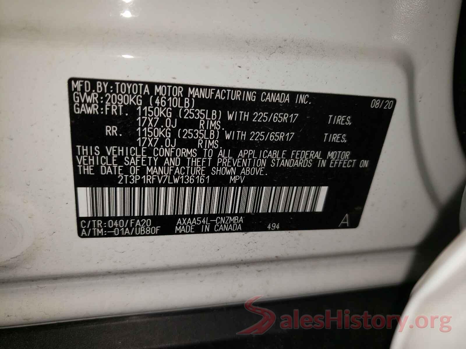 2T3P1RFV7LW136161 2020 TOYOTA RAV4