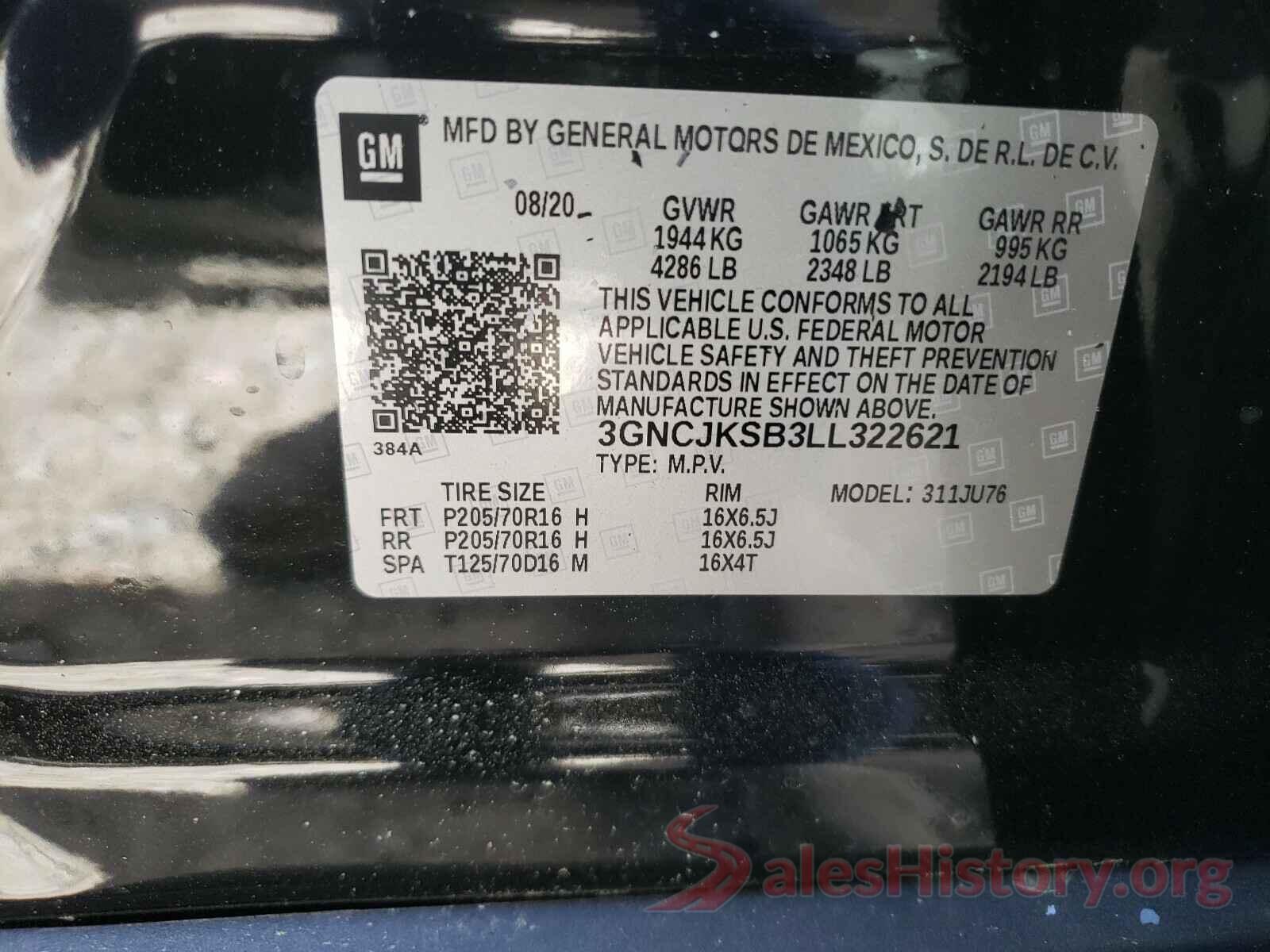 3GNCJKSB3LL322621 2020 CHEVROLET TRAX