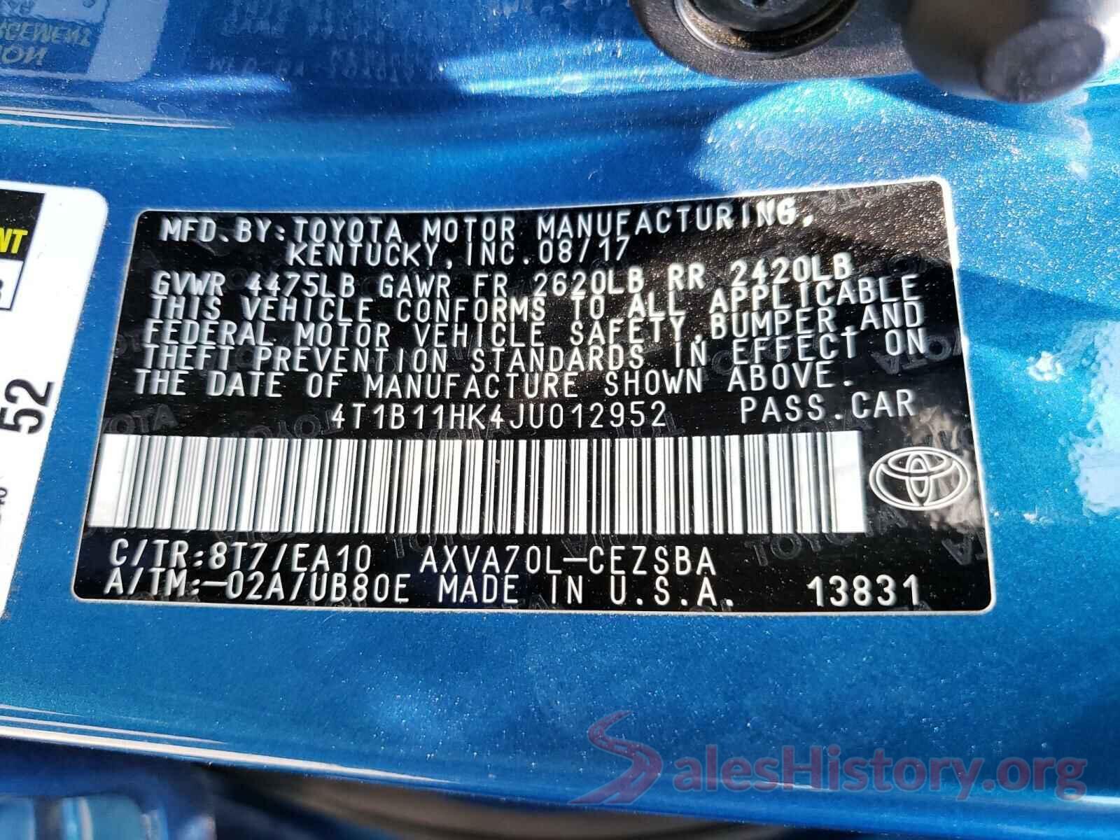 4T1B11HK4JU012952 2018 TOYOTA CAMRY