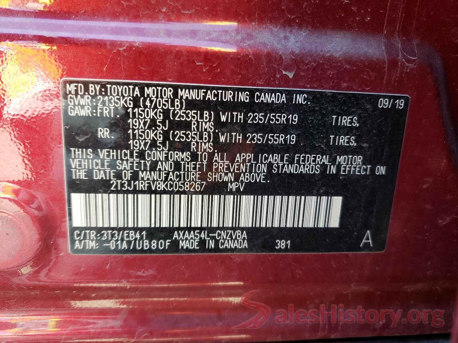 2T3J1RFV8KC058267 2019 TOYOTA RAV4