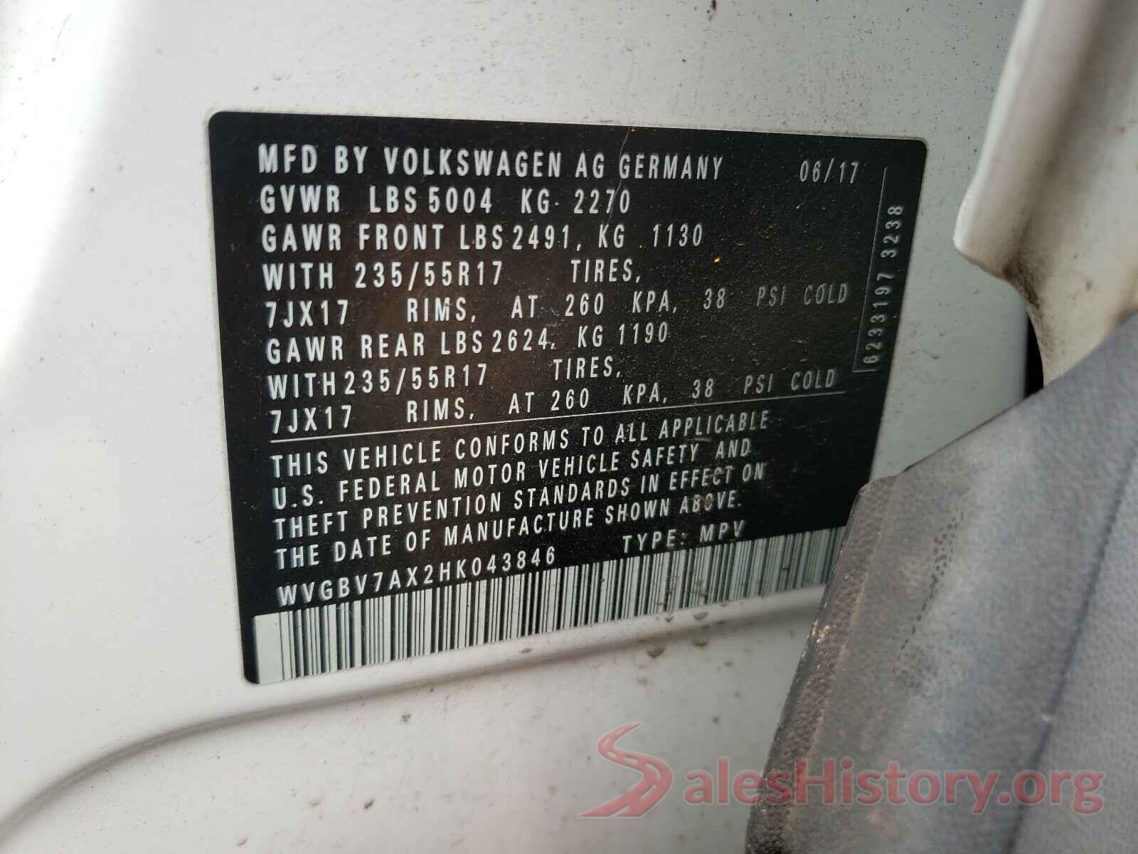 WVGBV7AX2HK043846 2017 VOLKSWAGEN TIGUAN