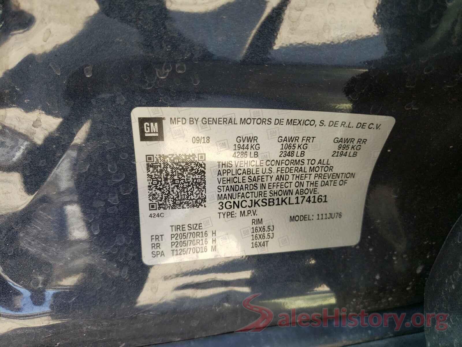 3GNCJKSB1KL174161 2019 CHEVROLET TRAX