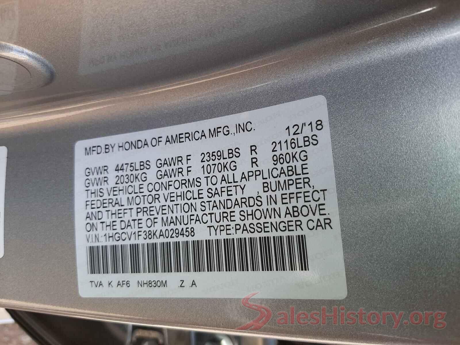 1HGCV1F38KA029458 2019 HONDA ACCORD