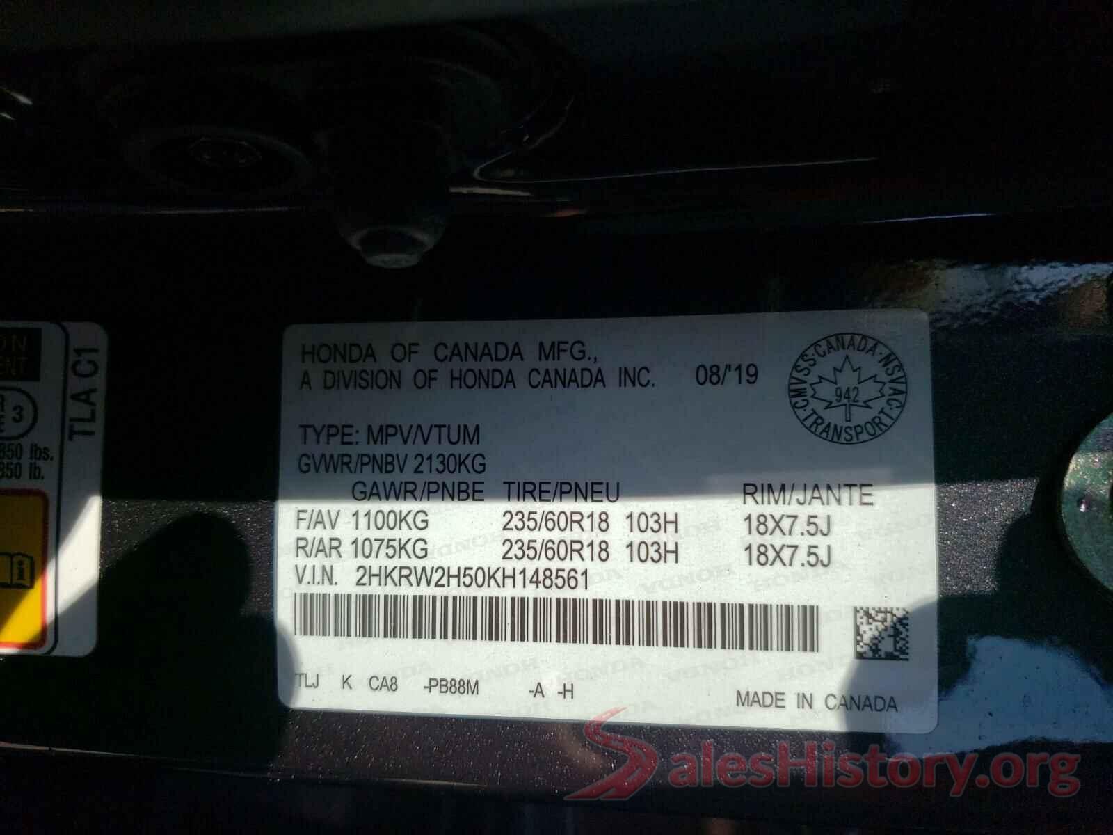 2HKRW2H50KH148561 2019 HONDA CRV