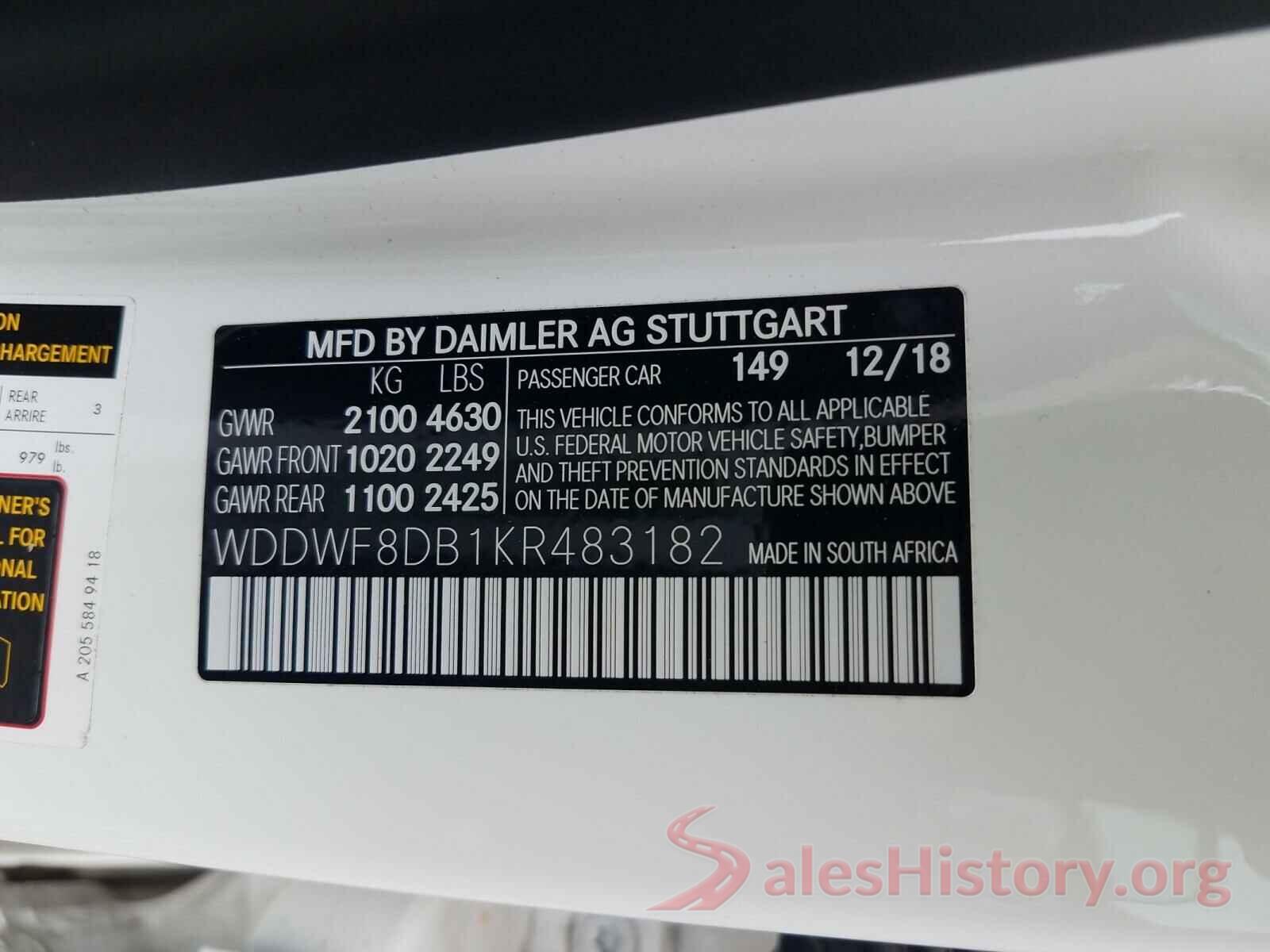 WDDWF8DB1KR483182 2019 MERCEDES-BENZ C CLASS