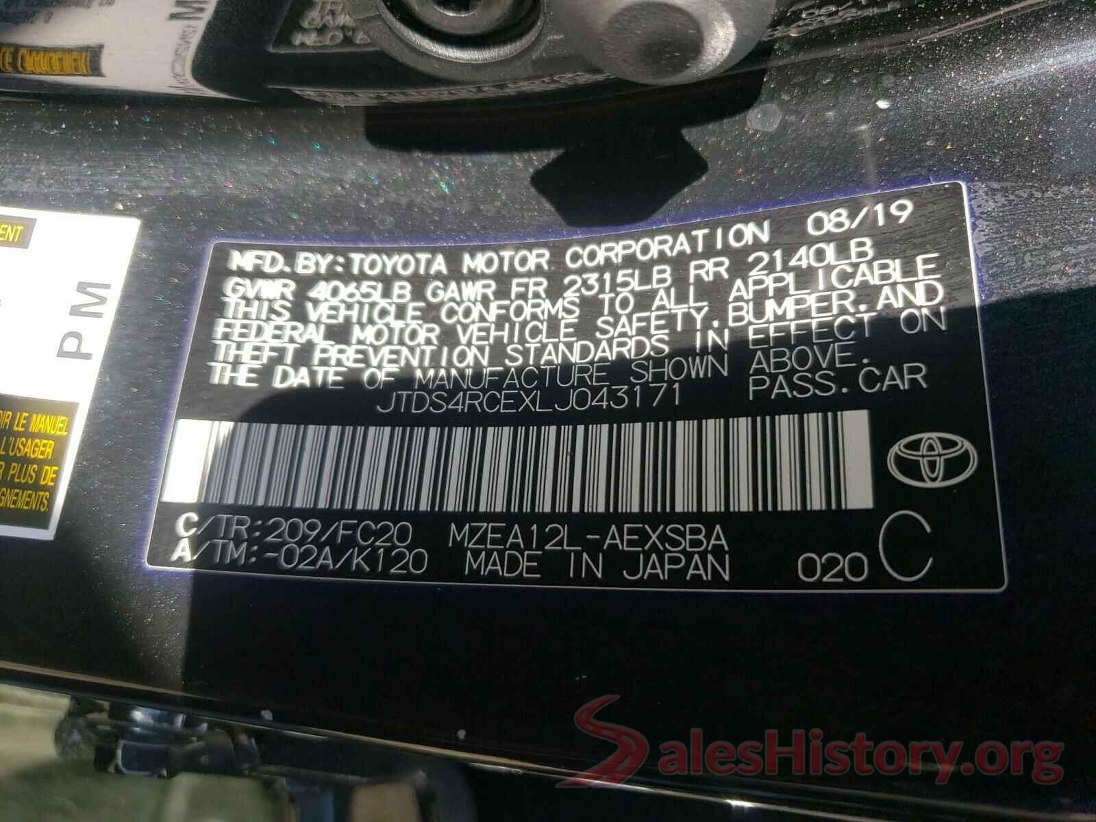 JTDS4RCEXLJ043171 2020 TOYOTA COROLLA