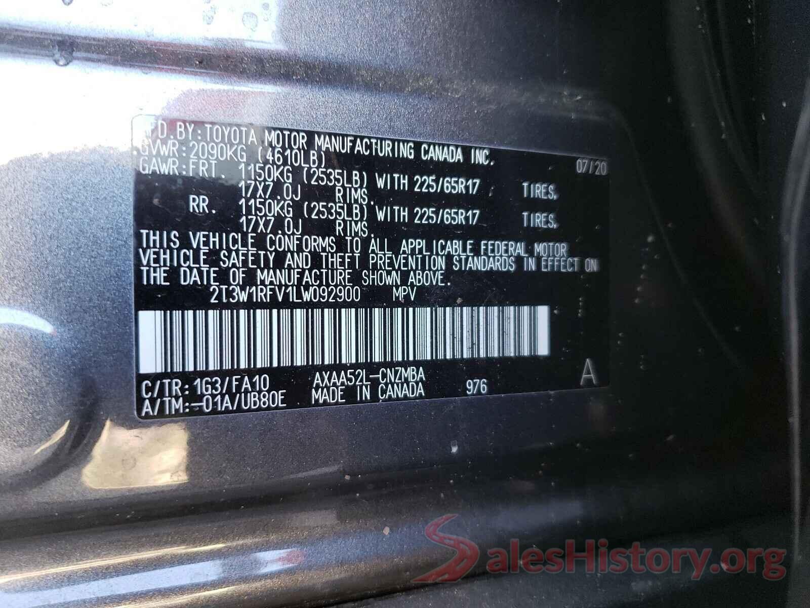 2T3W1RFV1LW092900 2020 TOYOTA RAV4