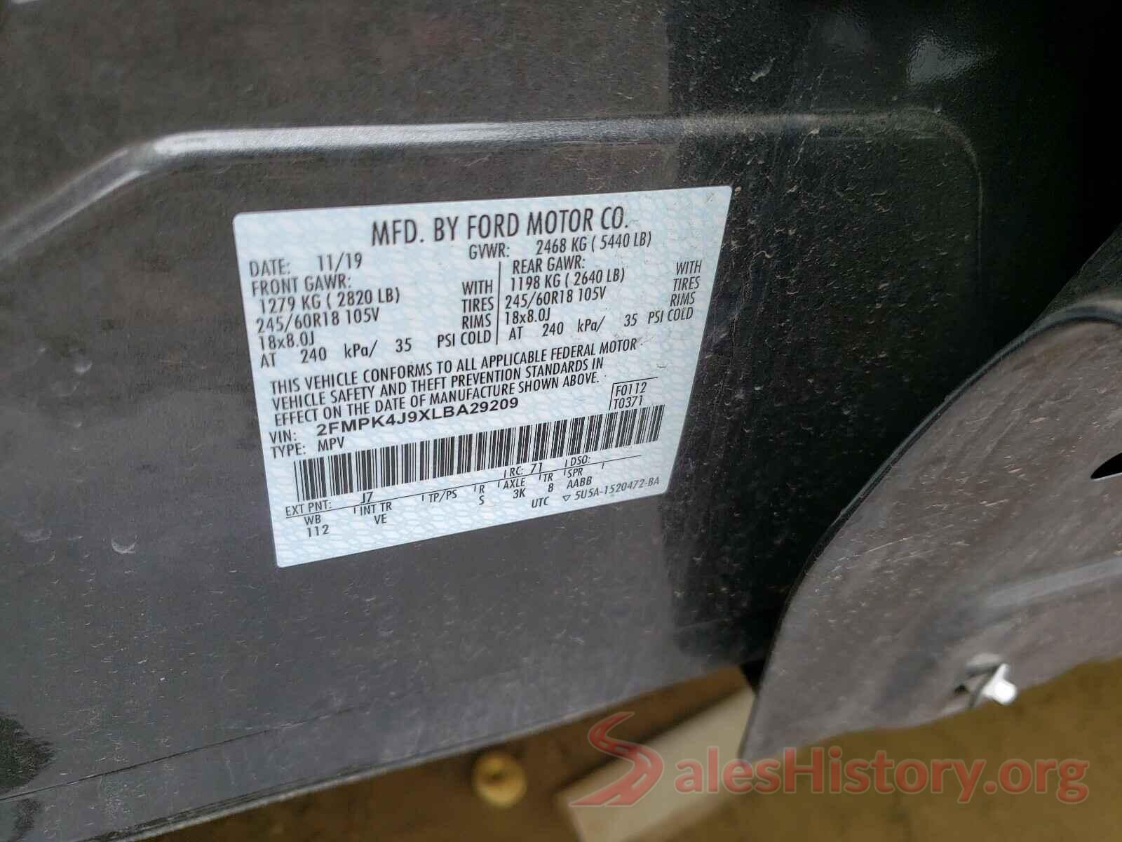 2FMPK4J9XLBA29209 2020 FORD EDGE