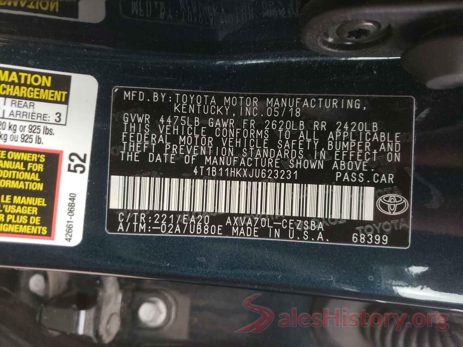 4T1B11HKXJU623231 2018 TOYOTA CAMRY