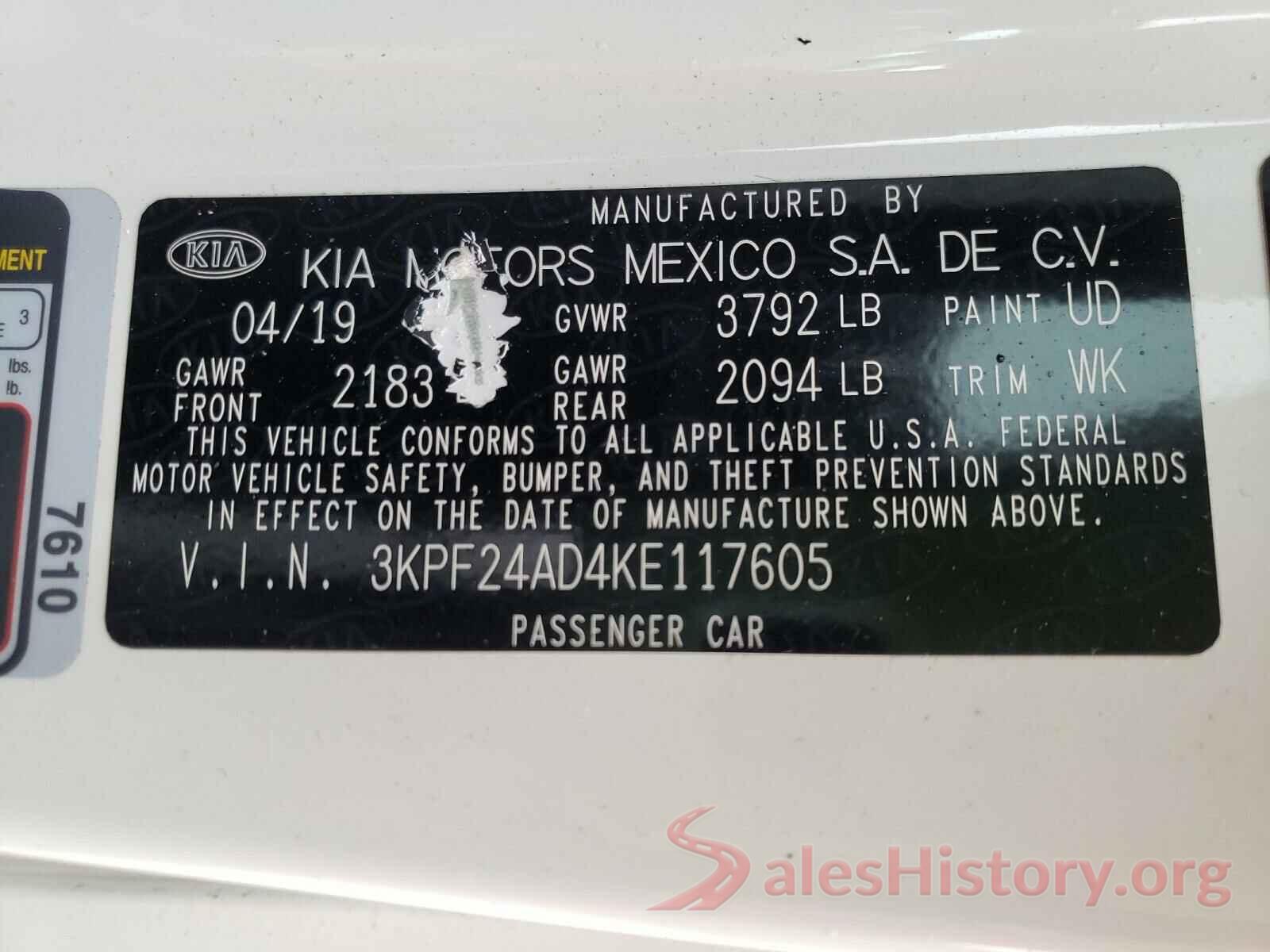 3KPF24AD4KE117605 2019 KIA FORTE