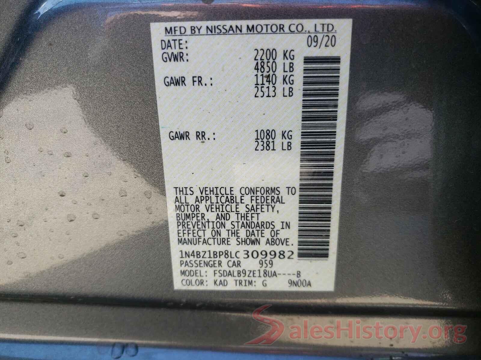 1N4BZ1BP8LC309982 2020 NISSAN LEAF