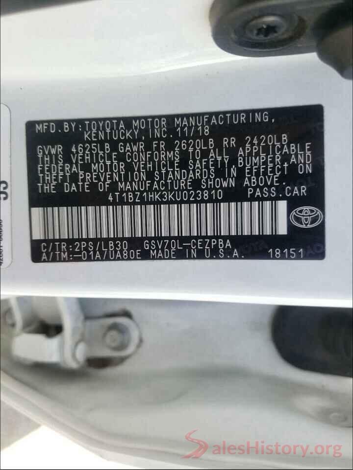 4T1BZ1HK3KU023810 2019 TOYOTA CAMRY