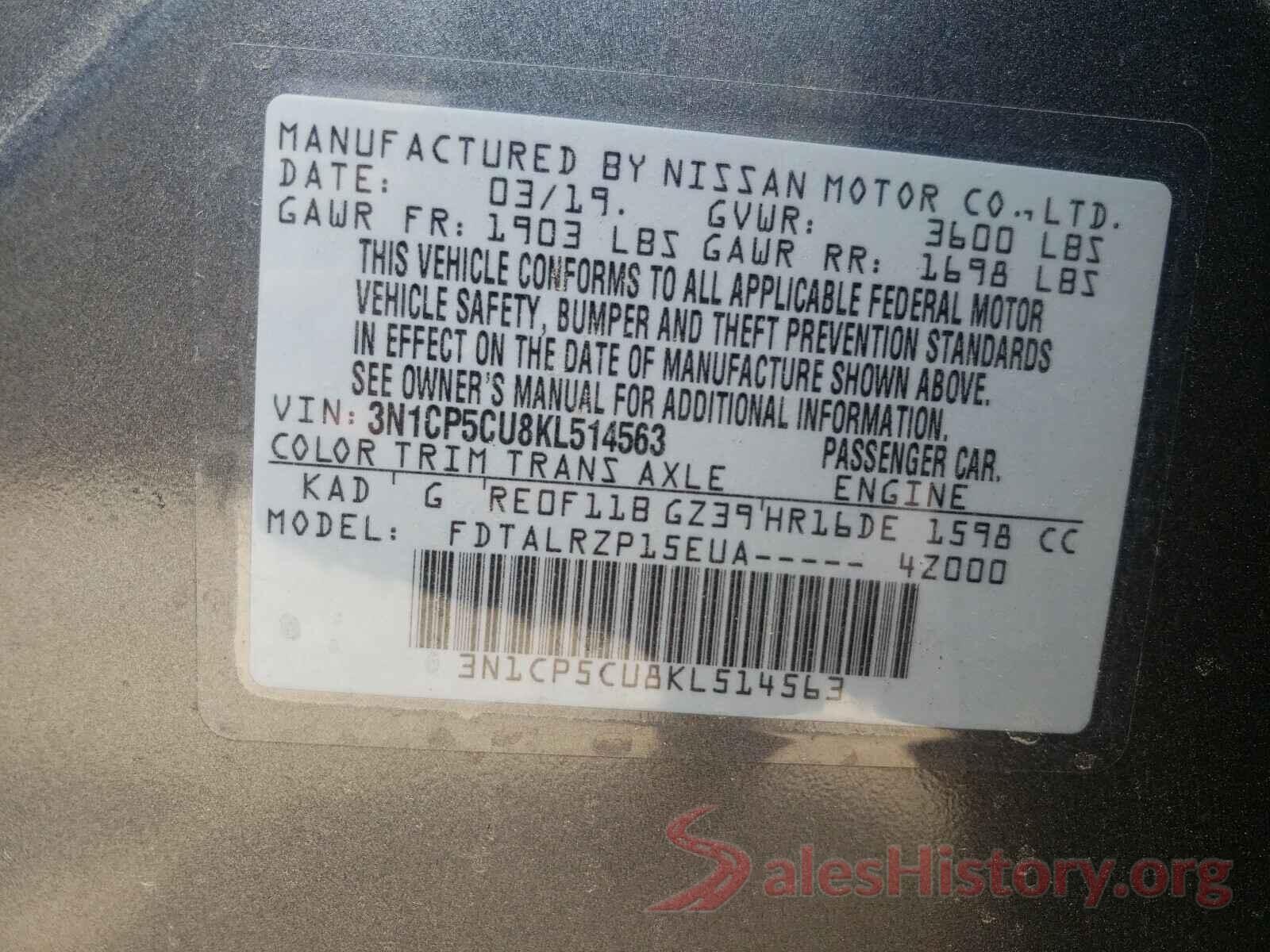 3N1CP5CU8KL514563 2019 NISSAN KICKS